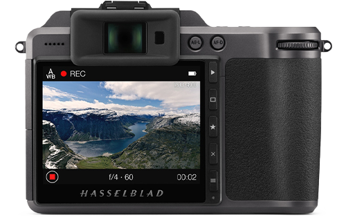 Hasselblad X1D Medium Format Camera rear screen showing large Nordic Fjord